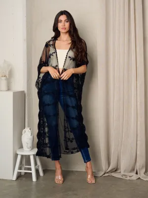 WOMEN'S SHORT SLEEVE OPEN FRONT LACE DETAILED KIMONO