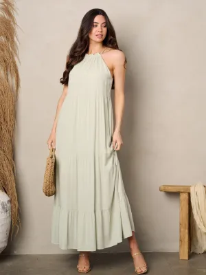 WOMEN'S SLEEVELESS HALTER NECK TIERED MAXI DRESS