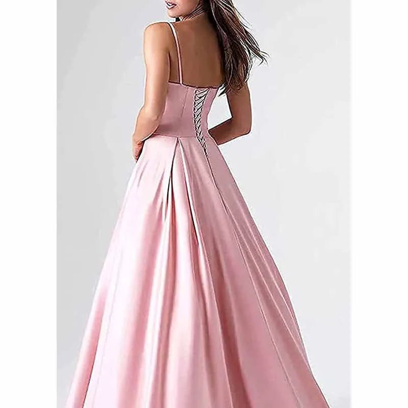 Women's Spaghetti V-Neck Prom Dresses Long Side Split Formal Evening Gowns