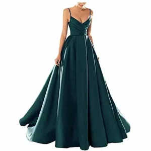 Women's Spaghetti V-Neck Prom Dresses Long Side Split Formal Evening Gowns