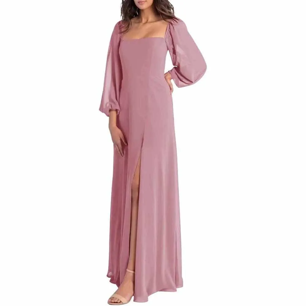 Women's Square Neck Long Sleeve Chiffon Bridesmaid Dresses High Slit Prom Dresses