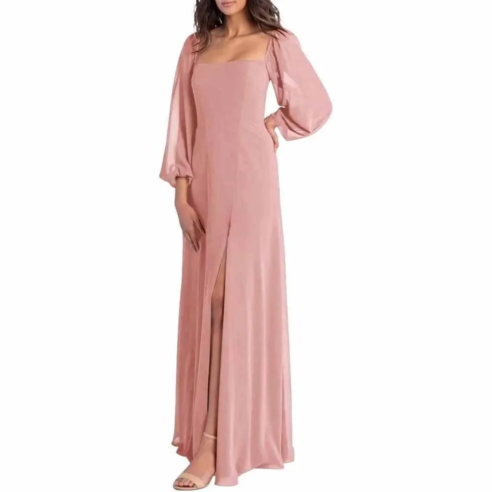 Women's Square Neck Long Sleeve Chiffon Bridesmaid Dresses High Slit Prom Dresses