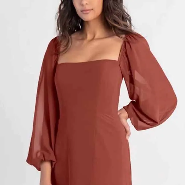 Women's Square Neck Long Sleeve Chiffon Bridesmaid Dresses High Slit Prom Dresses