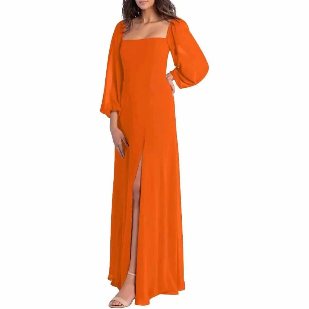 Women's Square Neck Long Sleeve Chiffon Bridesmaid Dresses High Slit Prom Dresses