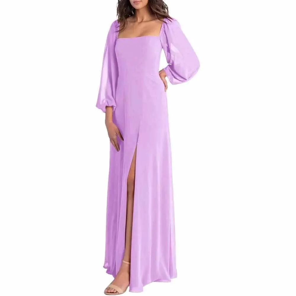 Women's Square Neck Long Sleeve Chiffon Bridesmaid Dresses High Slit Prom Dresses