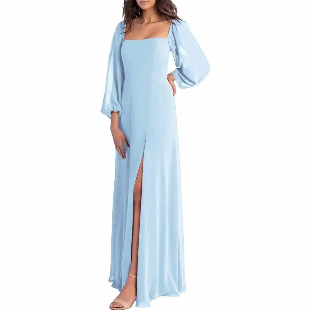 Women's Square Neck Long Sleeve Chiffon Bridesmaid Dresses High Slit Prom Dresses