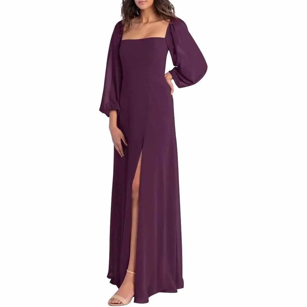 Women's Square Neck Long Sleeve Chiffon Bridesmaid Dresses High Slit Prom Dresses