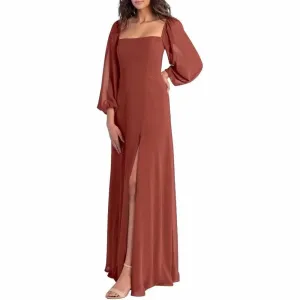 Women's Square Neck Long Sleeve Chiffon Bridesmaid Dresses High Slit Prom Dresses