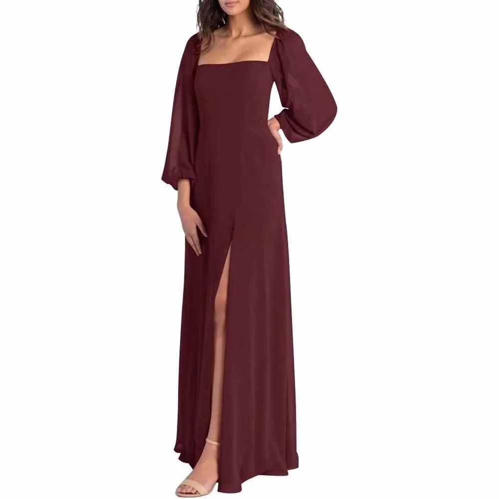 Women's Square Neck Long Sleeve Chiffon Bridesmaid Dresses High Slit Prom Dresses