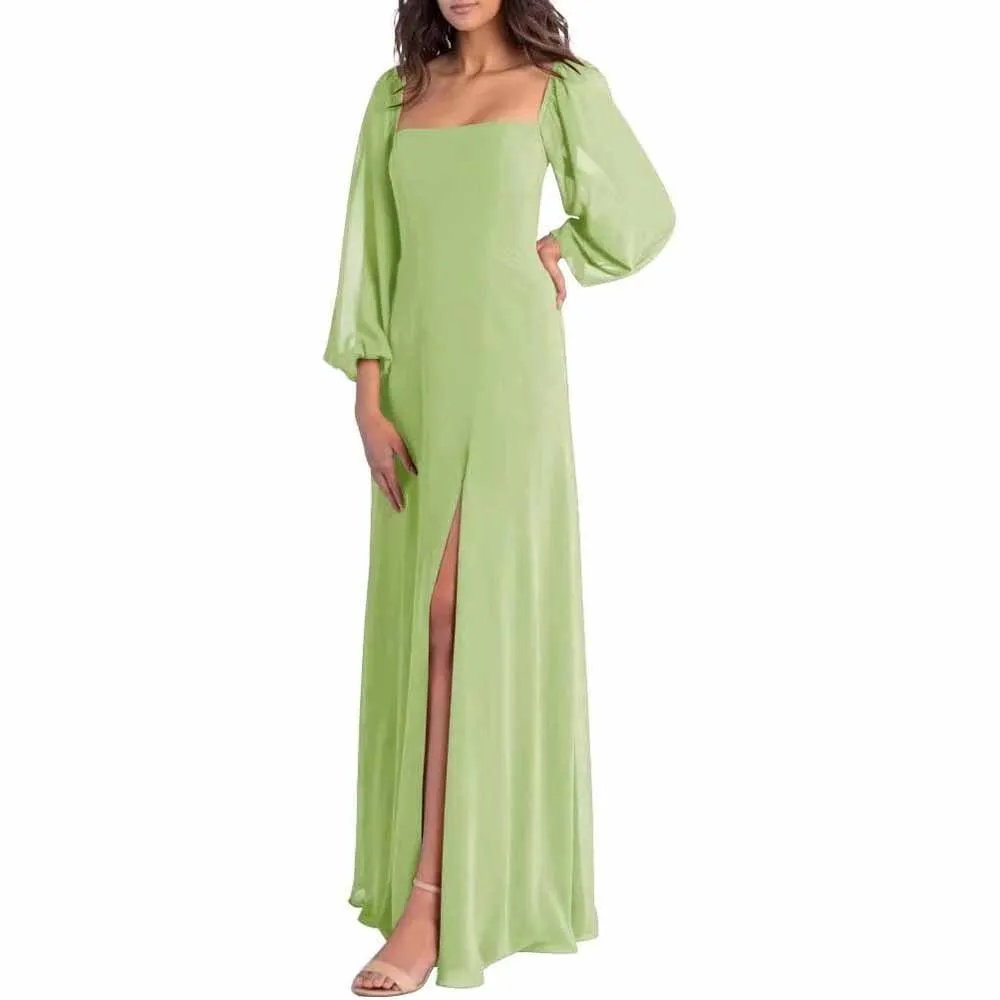 Women's Square Neck Long Sleeve Chiffon Bridesmaid Dresses High Slit Prom Dresses