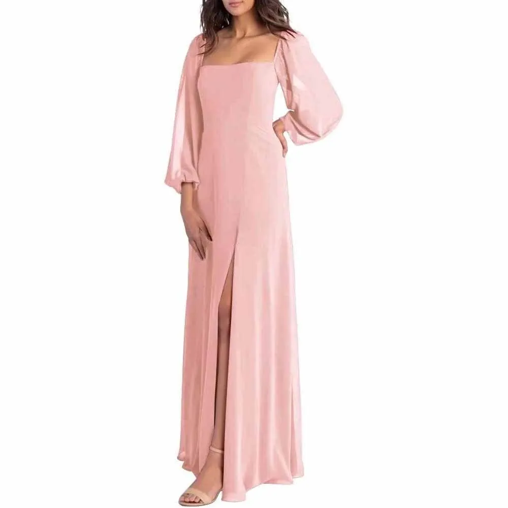 Women's Square Neck Long Sleeve Chiffon Bridesmaid Dresses High Slit Prom Dresses