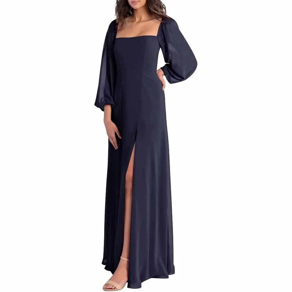 Women's Square Neck Long Sleeve Chiffon Bridesmaid Dresses High Slit Prom Dresses