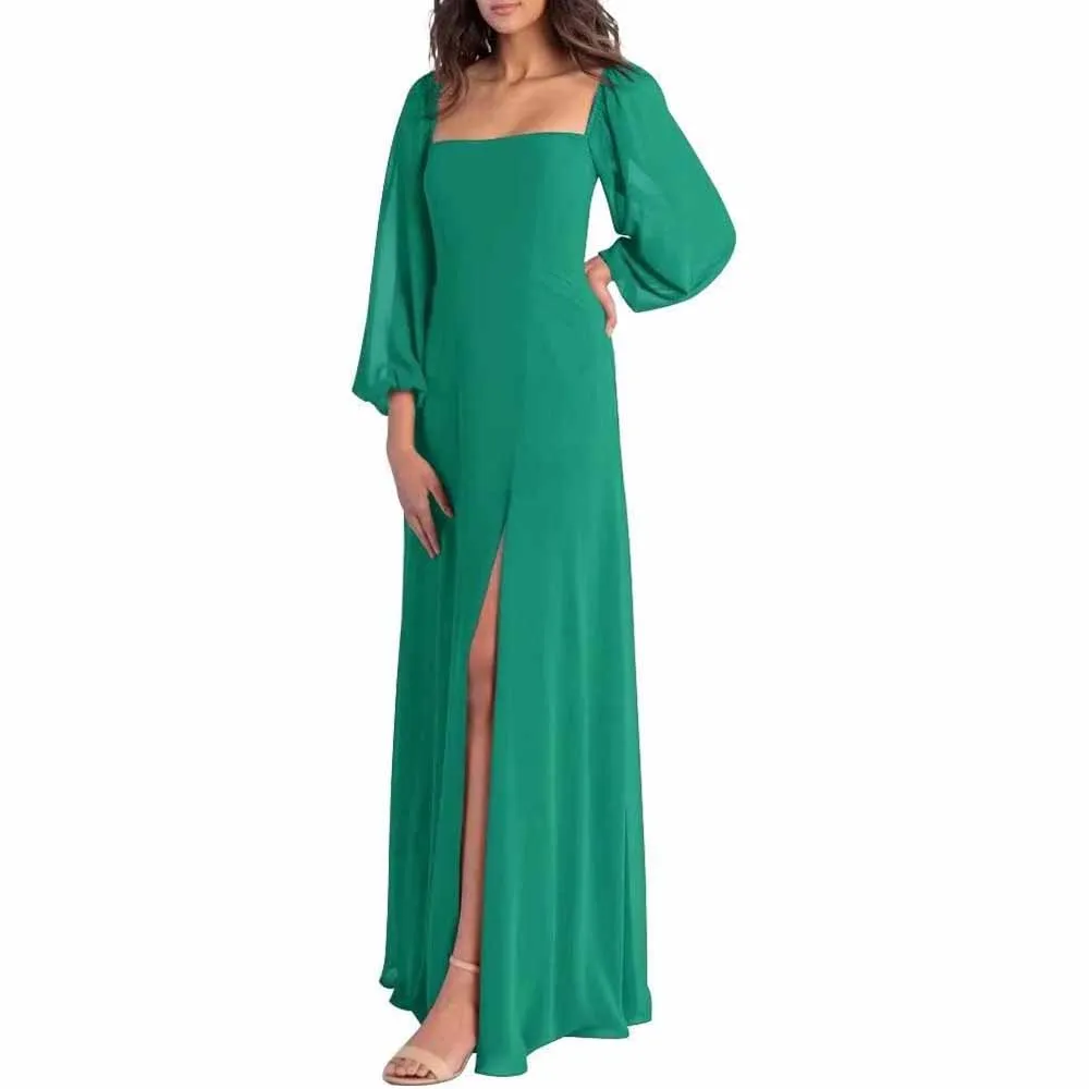 Women's Square Neck Long Sleeve Chiffon Bridesmaid Dresses High Slit Prom Dresses