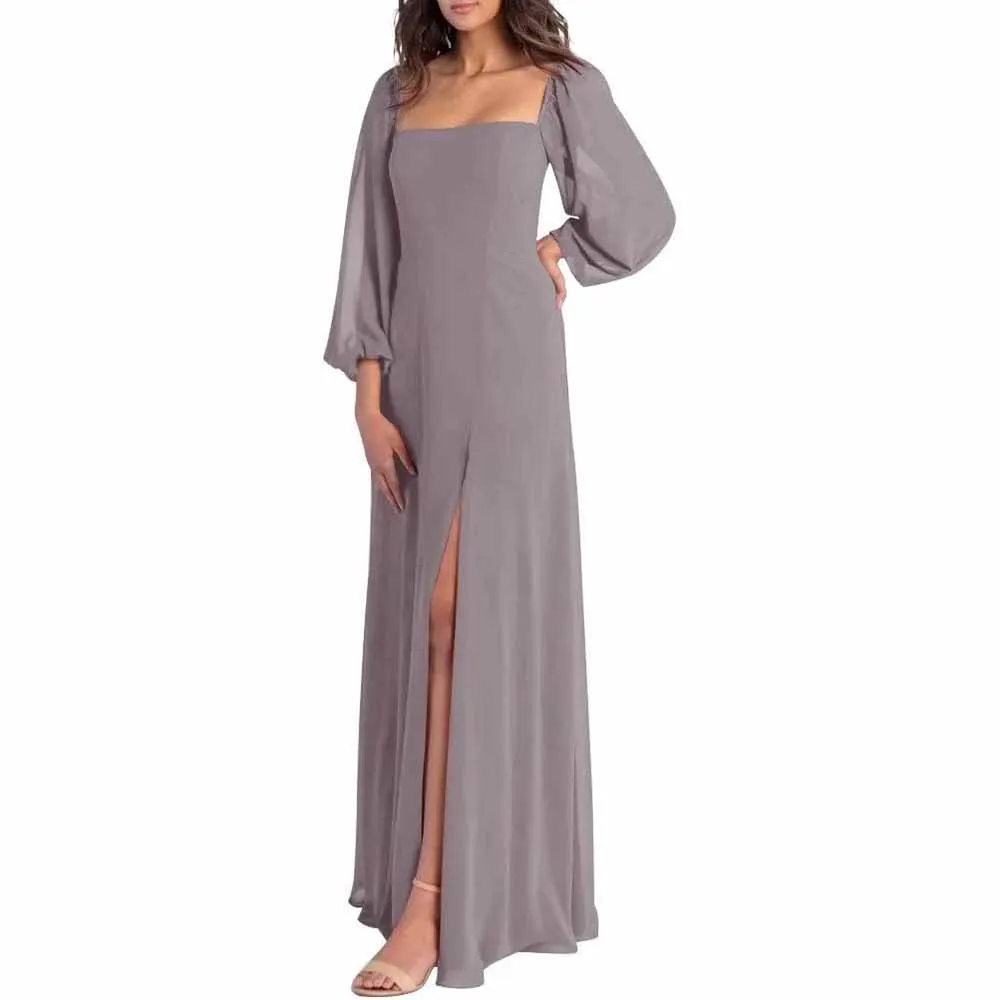 Women's Square Neck Long Sleeve Chiffon Bridesmaid Dresses High Slit Prom Dresses