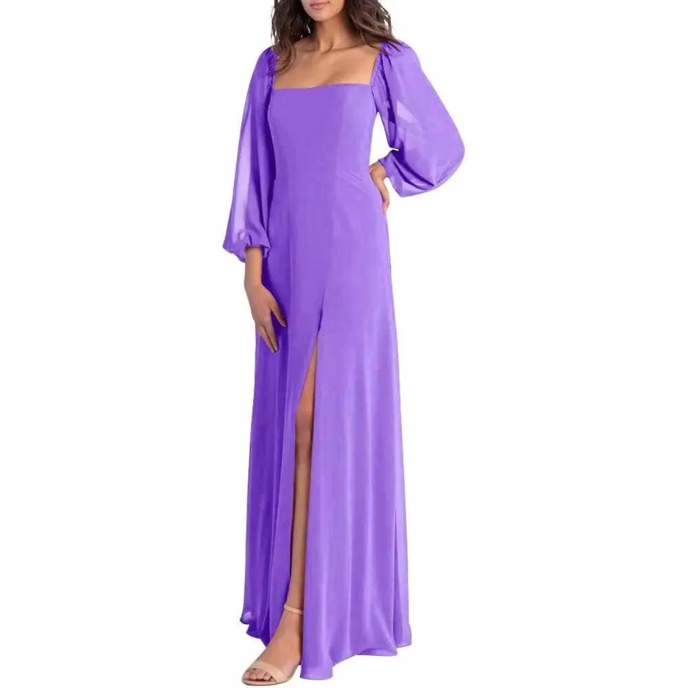 Women's Square Neck Long Sleeve Chiffon Bridesmaid Dresses High Slit Prom Dresses