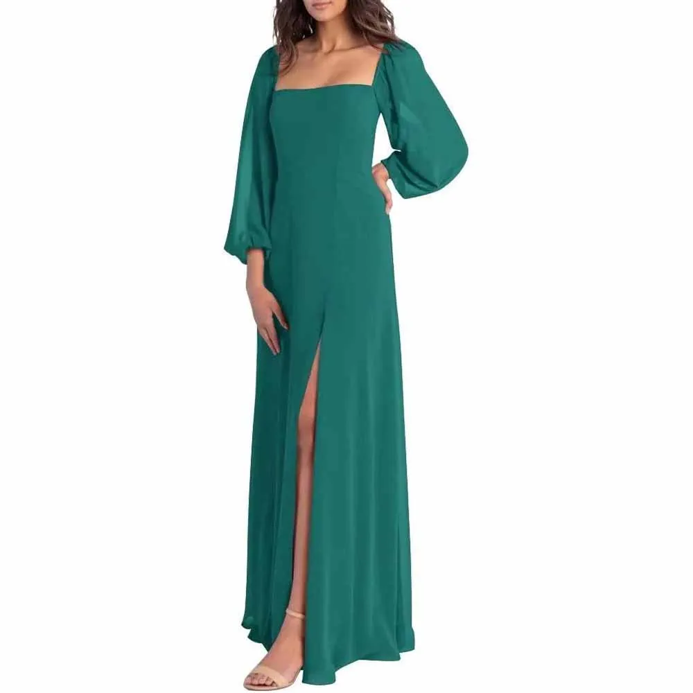 Women's Square Neck Long Sleeve Chiffon Bridesmaid Dresses High Slit Prom Dresses