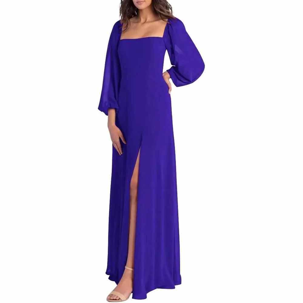 Women's Square Neck Long Sleeve Chiffon Bridesmaid Dresses High Slit Prom Dresses