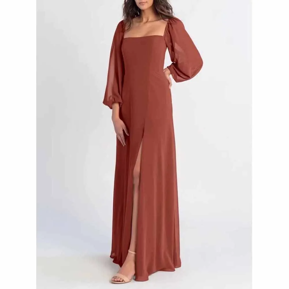 Women's Square Neck Long Sleeve Chiffon Bridesmaid Dresses High Slit Prom Dresses