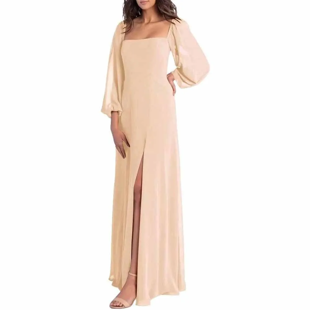 Women's Square Neck Long Sleeve Chiffon Bridesmaid Dresses High Slit Prom Dresses