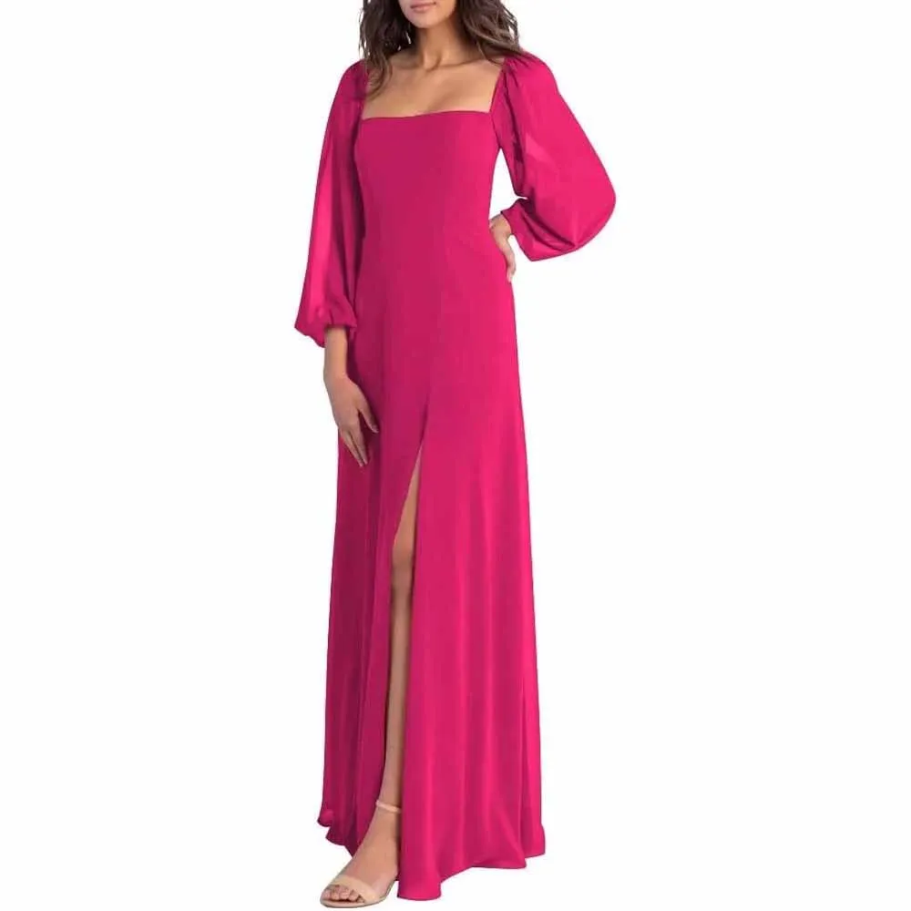 Women's Square Neck Long Sleeve Chiffon Bridesmaid Dresses High Slit Prom Dresses
