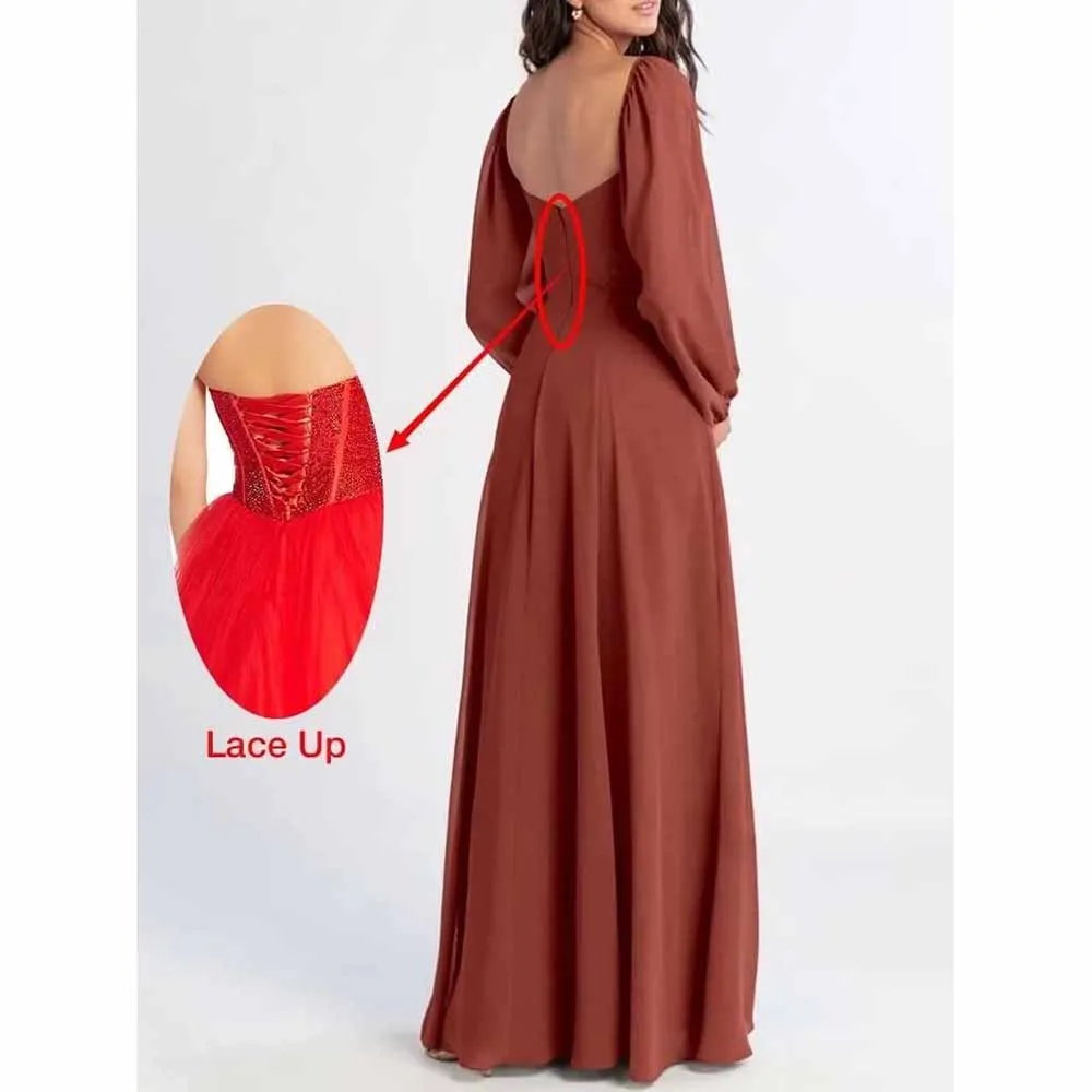 Women's Square Neck Long Sleeve Chiffon Bridesmaid Dresses High Slit Prom Dresses