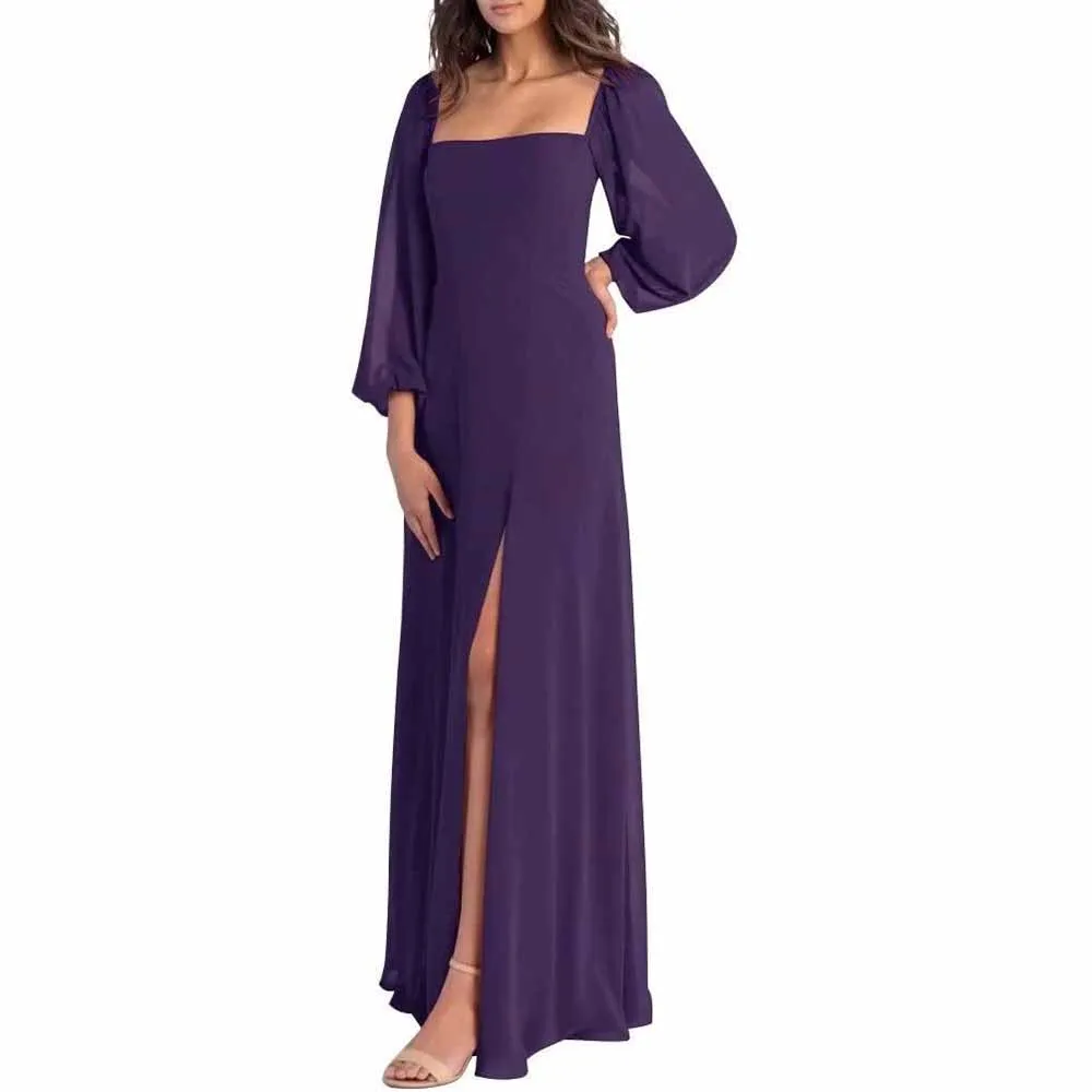 Women's Square Neck Long Sleeve Chiffon Bridesmaid Dresses High Slit Prom Dresses