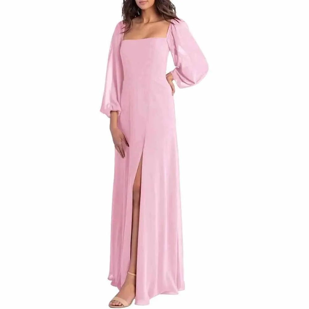 Women's Square Neck Long Sleeve Chiffon Bridesmaid Dresses High Slit Prom Dresses