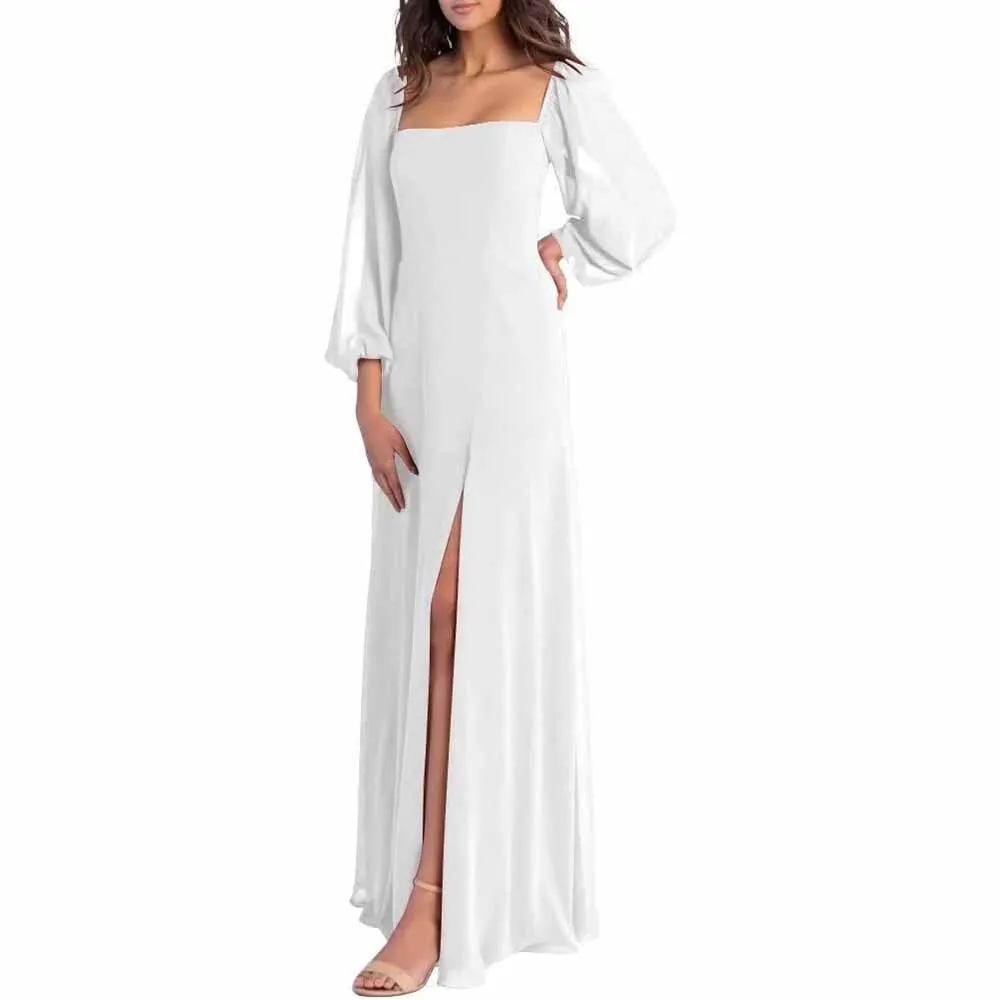 Women's Square Neck Long Sleeve Chiffon Bridesmaid Dresses High Slit Prom Dresses