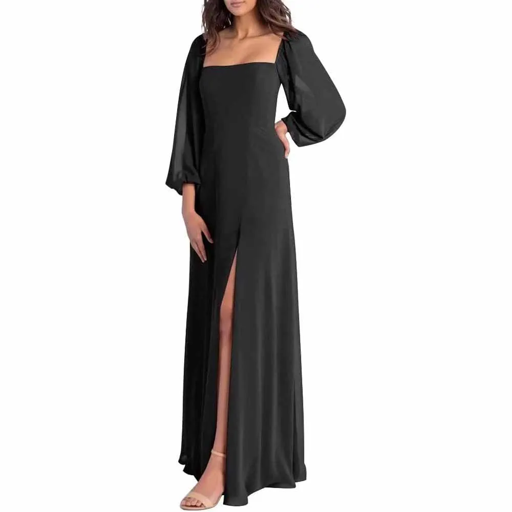 Women's Square Neck Long Sleeve Chiffon Bridesmaid Dresses High Slit Prom Dresses