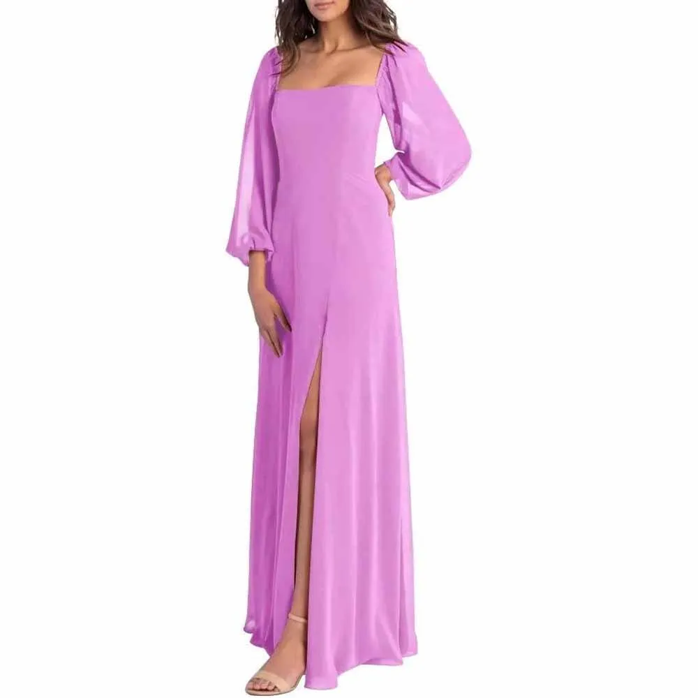 Women's Square Neck Long Sleeve Chiffon Bridesmaid Dresses High Slit Prom Dresses