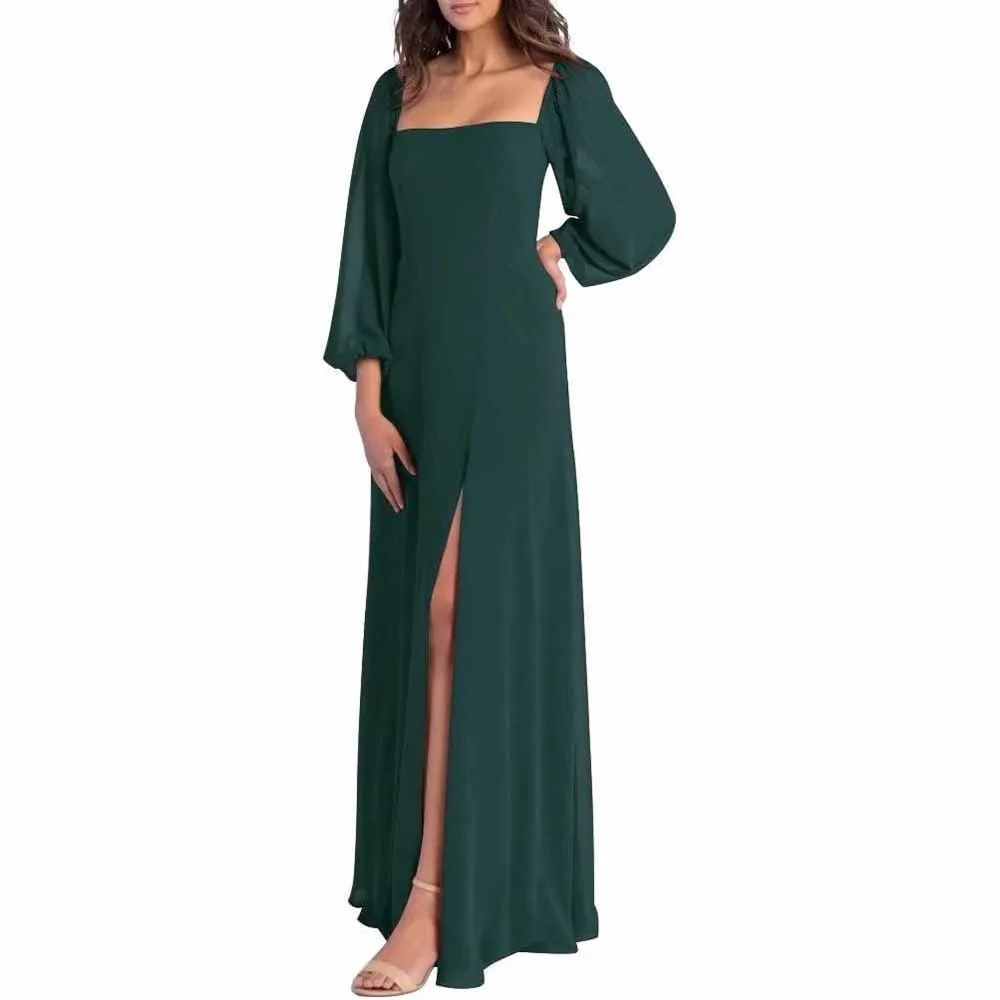 Women's Square Neck Long Sleeve Chiffon Bridesmaid Dresses High Slit Prom Dresses