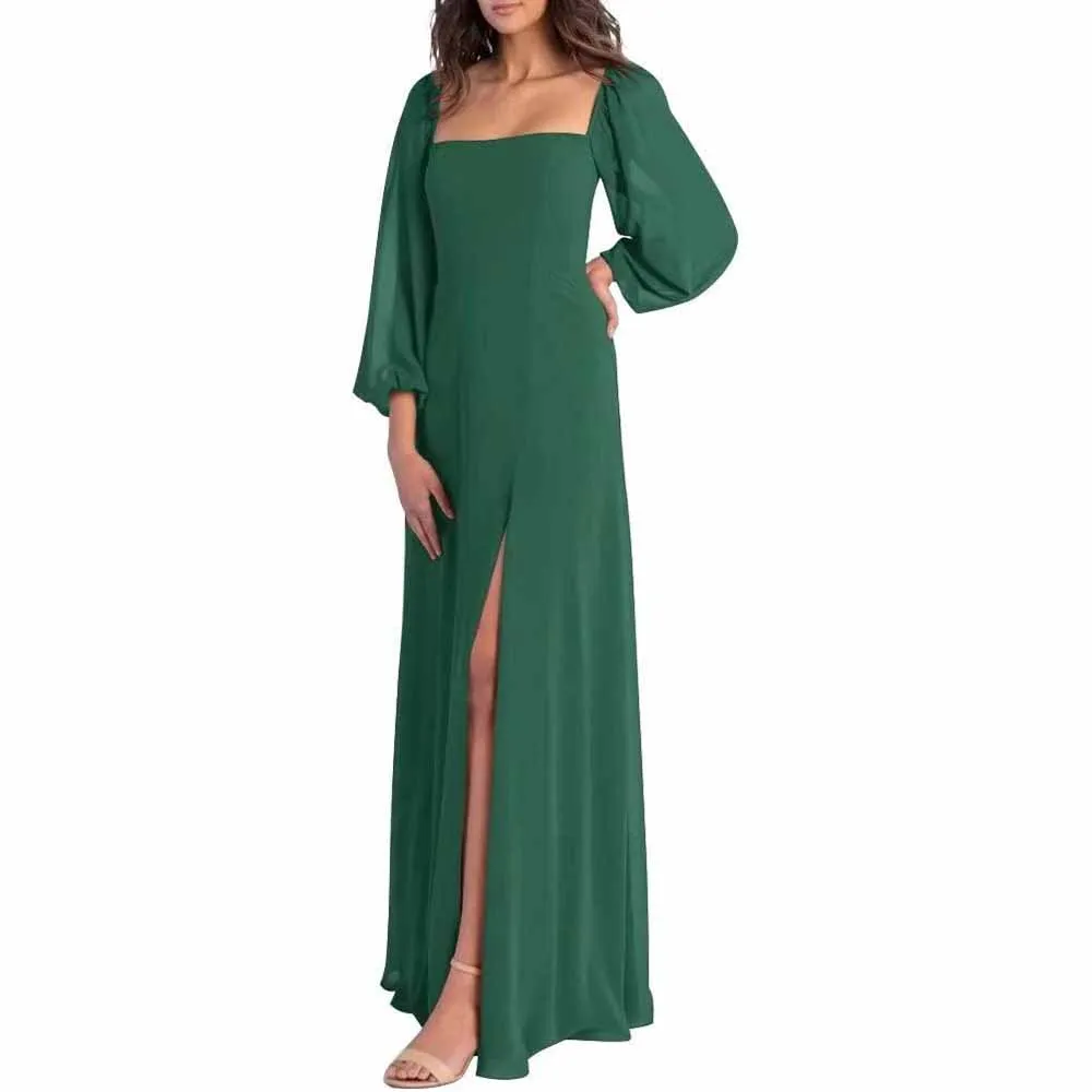 Women's Square Neck Long Sleeve Chiffon Bridesmaid Dresses High Slit Prom Dresses