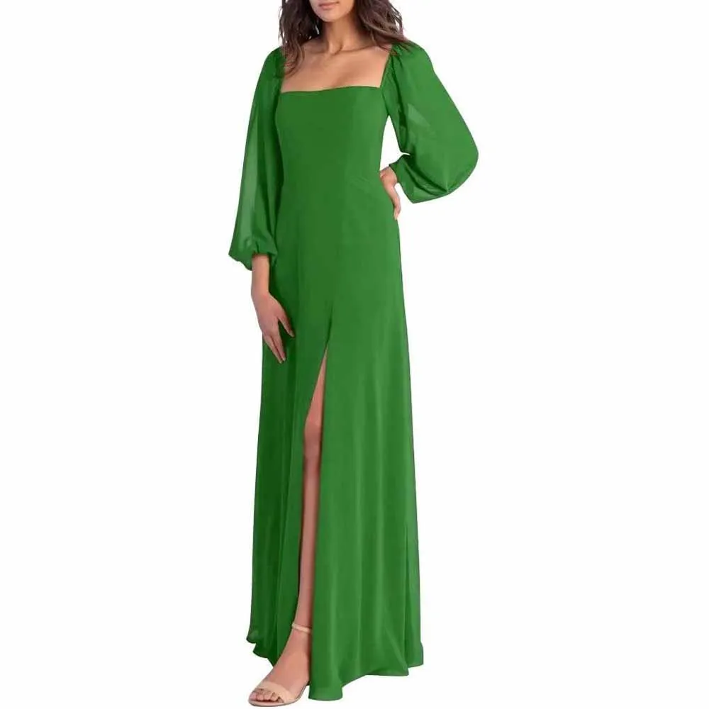 Women's Square Neck Long Sleeve Chiffon Bridesmaid Dresses High Slit Prom Dresses