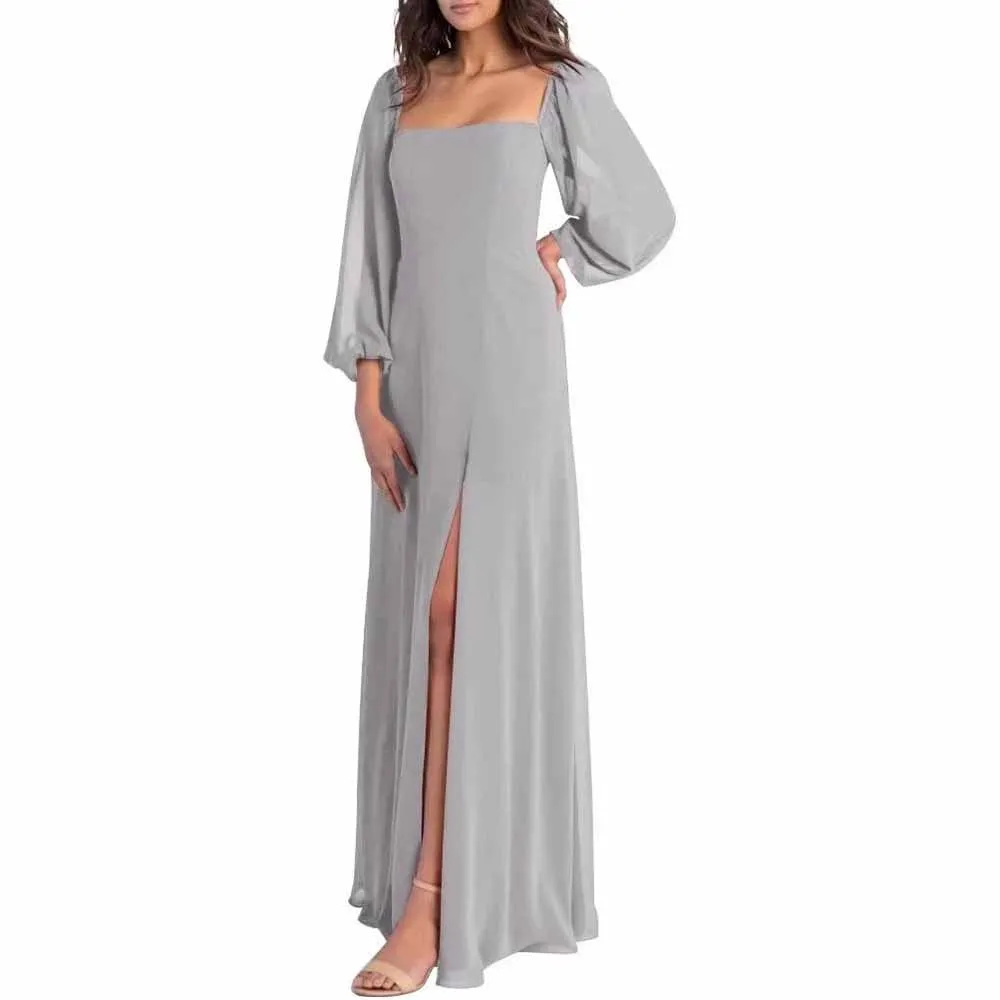 Women's Square Neck Long Sleeve Chiffon Bridesmaid Dresses High Slit Prom Dresses