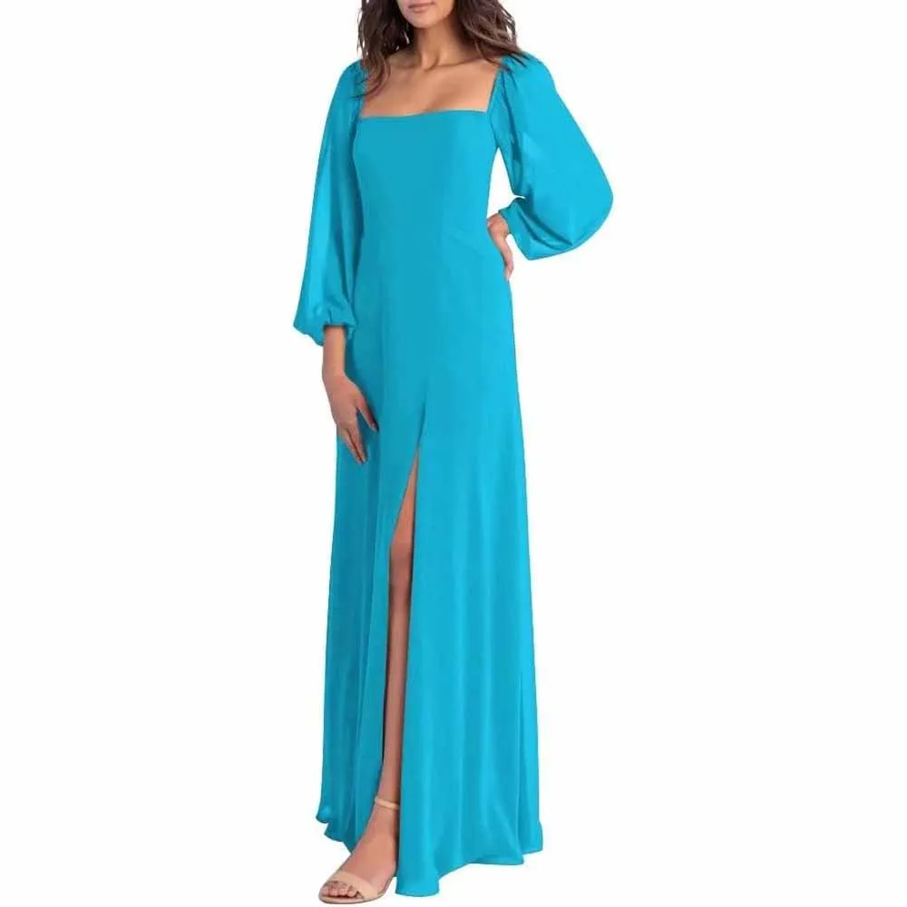 Women's Square Neck Long Sleeve Chiffon Bridesmaid Dresses High Slit Prom Dresses