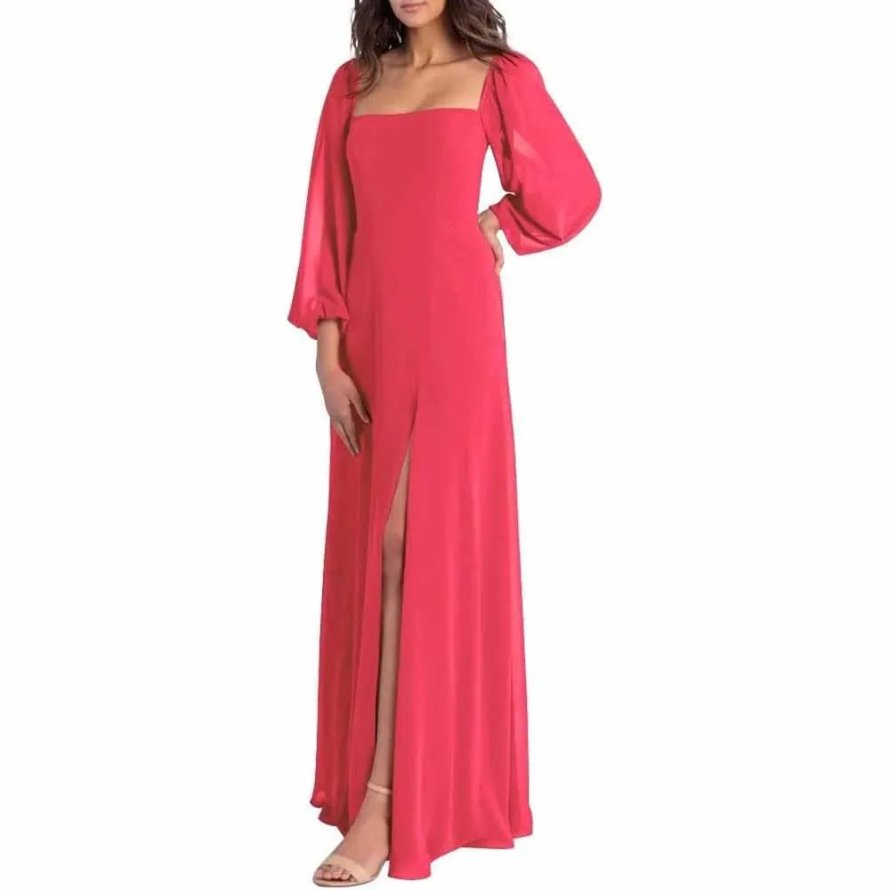 Women's Square Neck Long Sleeve Chiffon Bridesmaid Dresses High Slit Prom Dresses