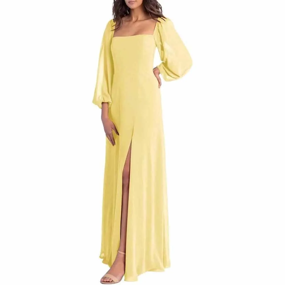 Women's Square Neck Long Sleeve Chiffon Bridesmaid Dresses High Slit Prom Dresses
