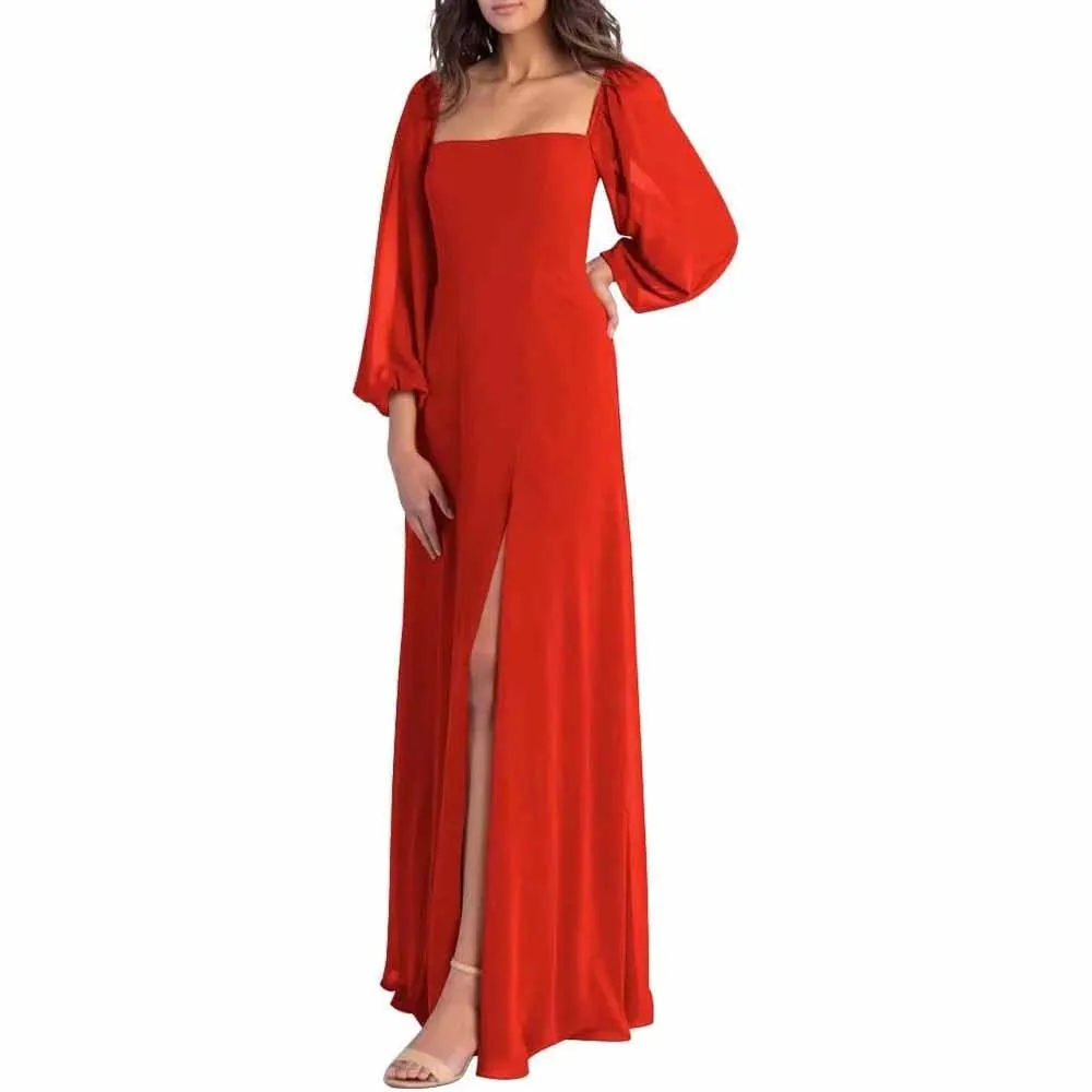 Women's Square Neck Long Sleeve Chiffon Bridesmaid Dresses High Slit Prom Dresses