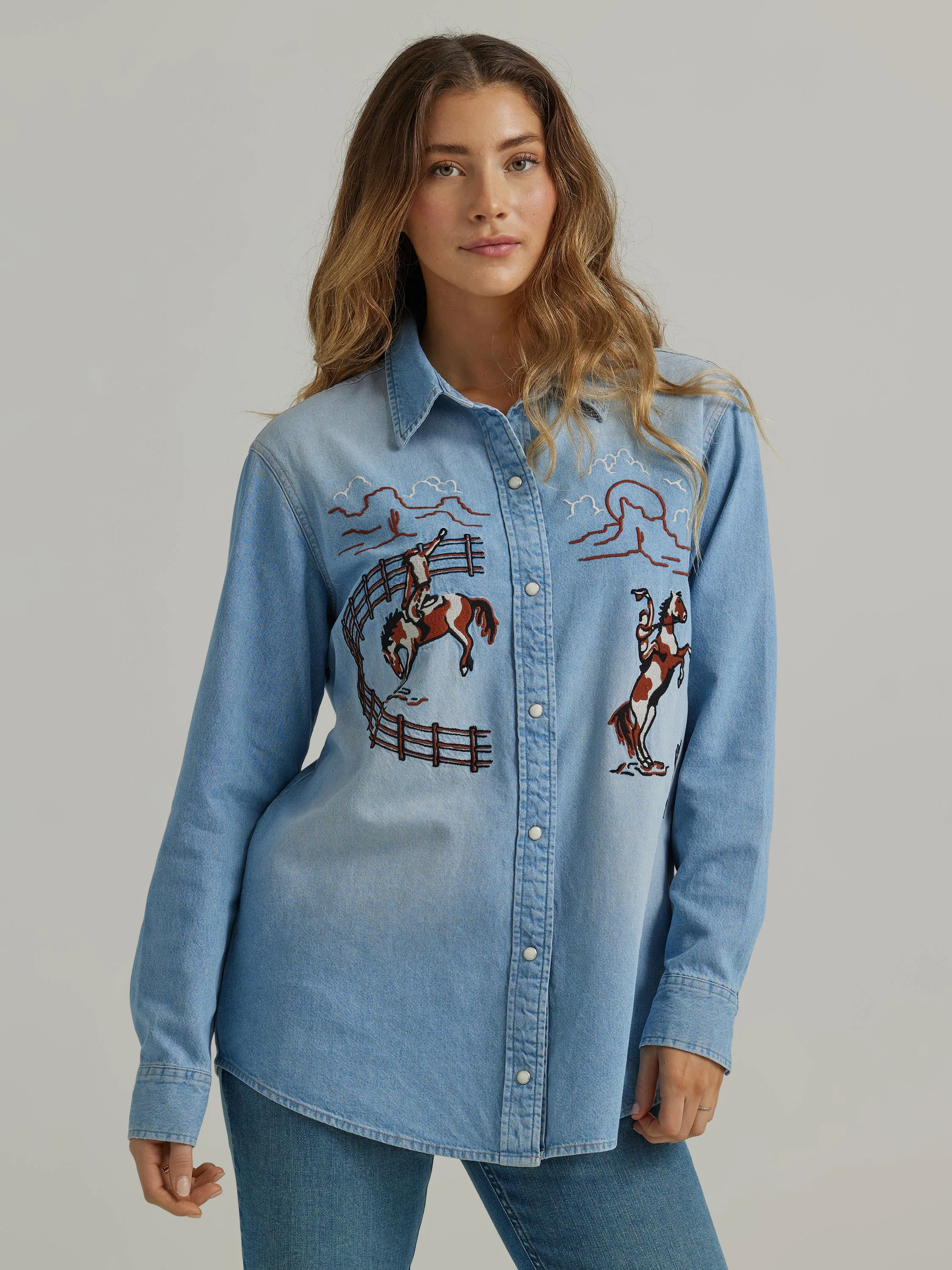 Wrangler Women's Denim Horse Embroidered Boyfriend Western Shirt