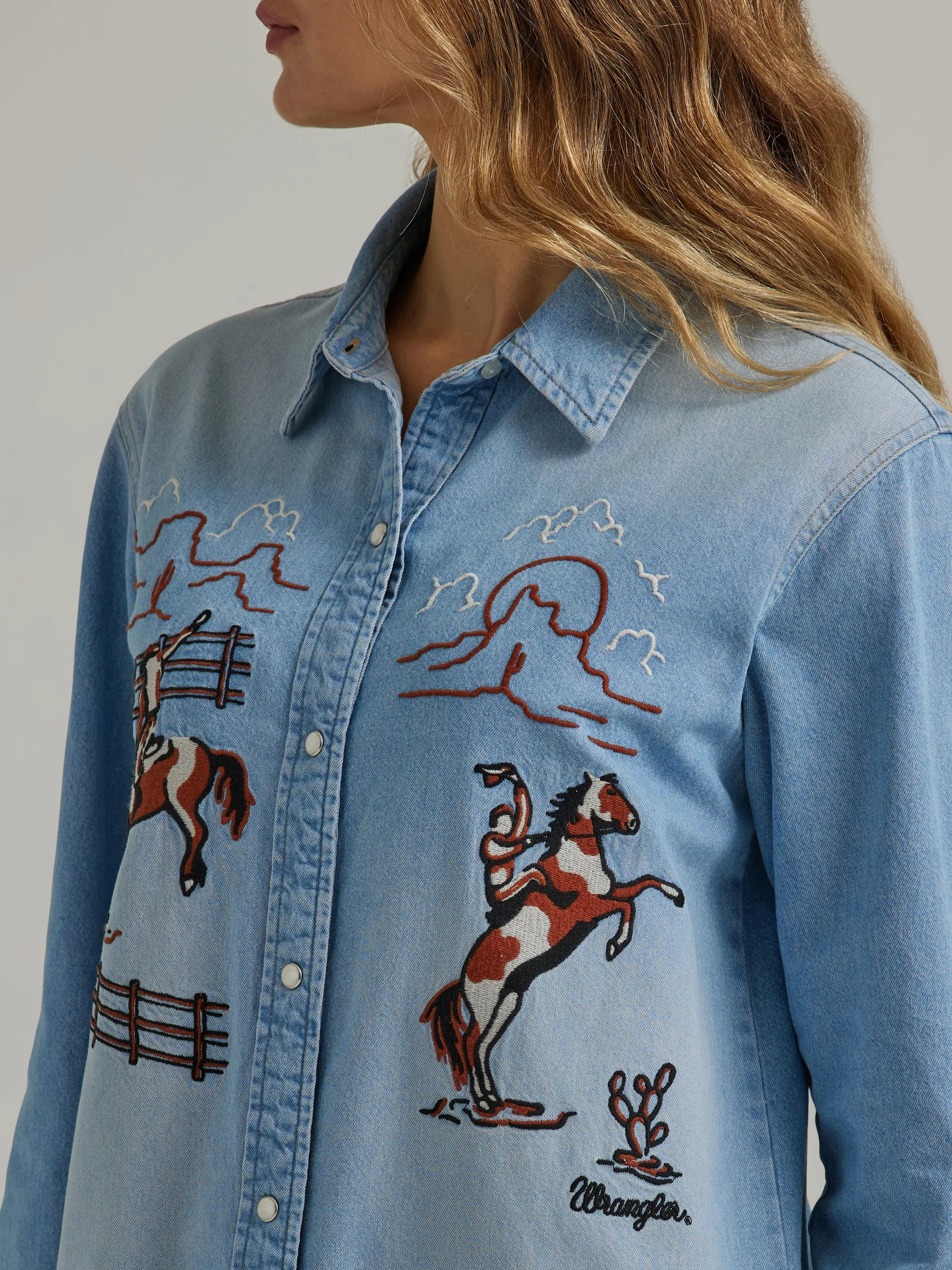Wrangler Women's Denim Horse Embroidered Boyfriend Western Shirt