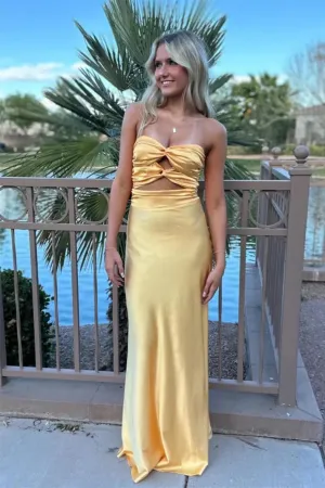 Yellow Strapless A-Line Satin Long Party Dress Simple Wedding Guest Dress, DP4487