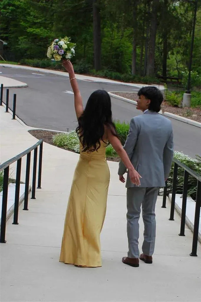 Yellow Strapless A-Line Satin Long Party Dress Simple Wedding Guest Dress, DP4487