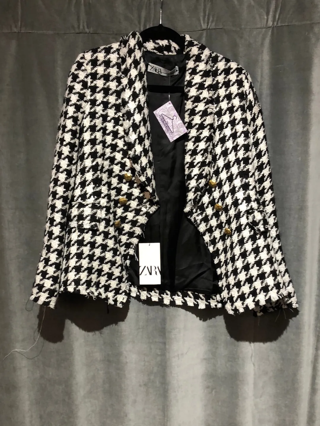 Zara Black and white houndstooth Tweed Blazer