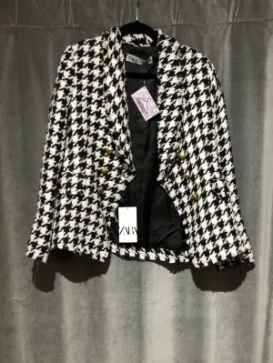 Zara Black and white houndstooth Tweed Blazer